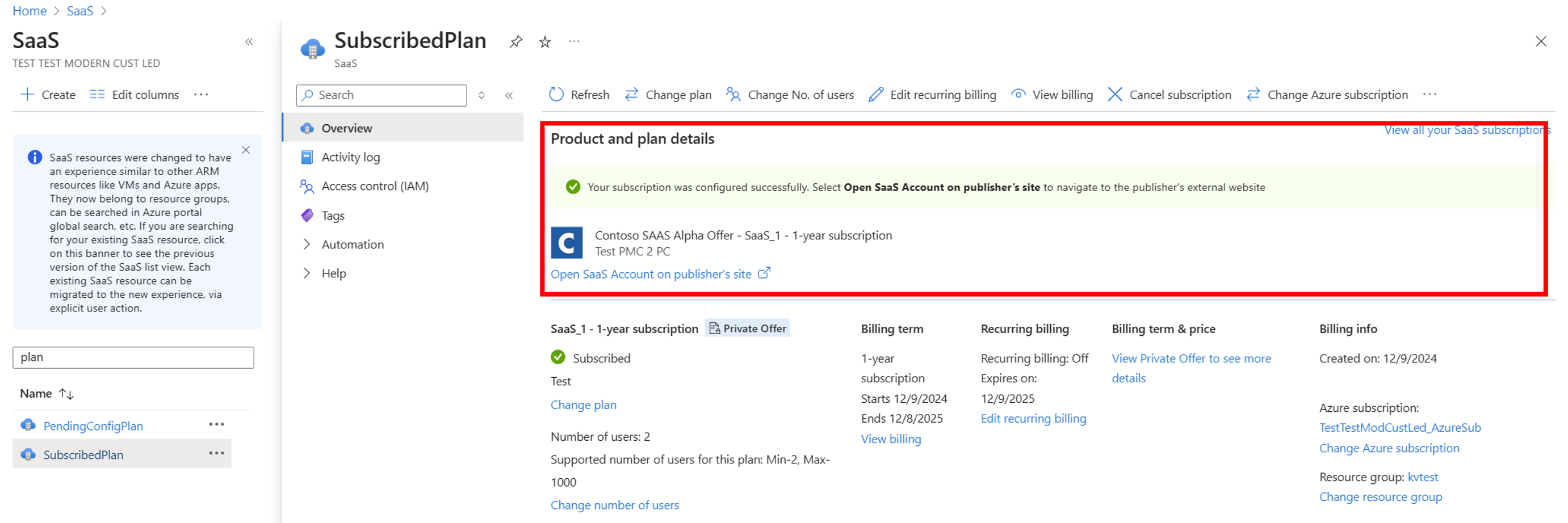 SaaS subscription plan details showing subscribed status