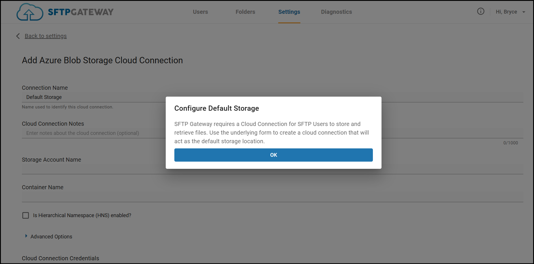 Cloud Connection Popup